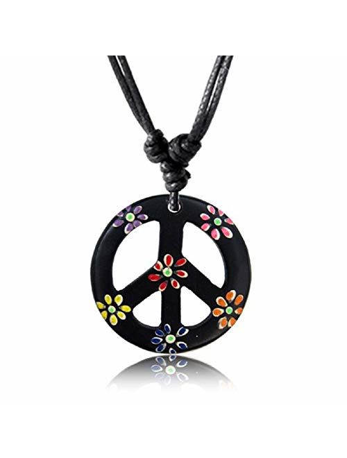 Earth Accessories Adjustable Peace Sign Pendant Necklace with Organic Wood - Hippie Accessories and Hippie Costume for 60s or 70s