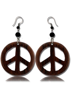 Earth Accessories Peace Sign Dangle Earrings with Organic Wood - Earring Hippie Accessories and Hippie Costume for 60s or 70s