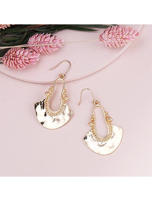 Boho Chic Hollow Shield Shape with Hammered Drop Earrings