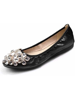 Lauthen.S Women Foldable Ballet Flats, Pointed Toe Wedding Rhinestone Slip on Flat Shoes