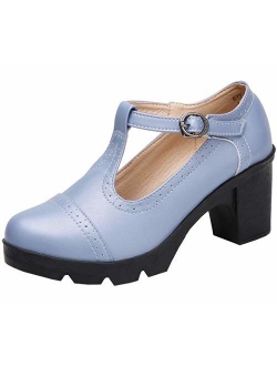 Women's Leather Classic T-Strap Platform Chunky Mid-Heel Square Toe Oxfords Dress Pump Shoes