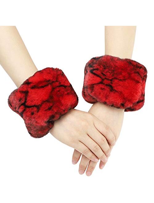 La Carrie Women's Snakeskin Print Faux Fur Wrist Cuffs,Winter Fox Furry Bands Arm Warmer