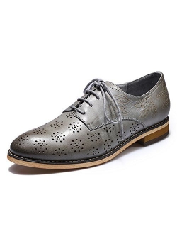 Mona flying Women's Leather Perforated Lace-up Oxfords Brogue Wingtip Derby Saddle Shoes for Girls ladis Women