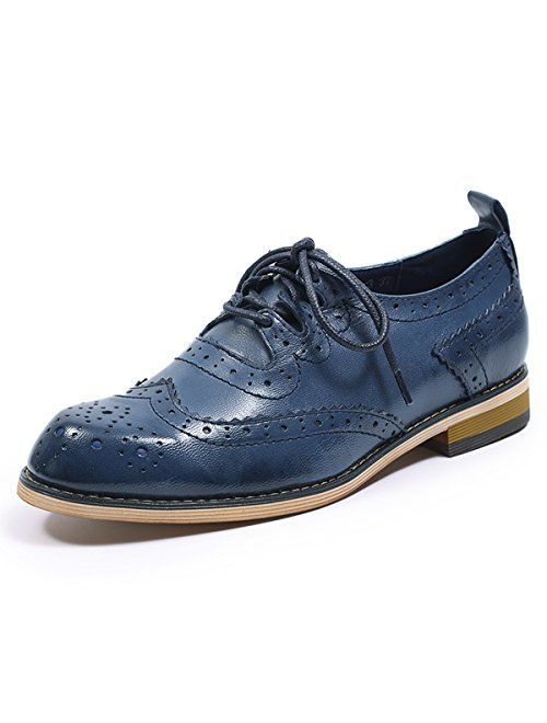 Mona flying Women's Leather Perforated Lace-up Oxfords Brogue Wingtip Derby Saddle Shoes for Girls ladis Women