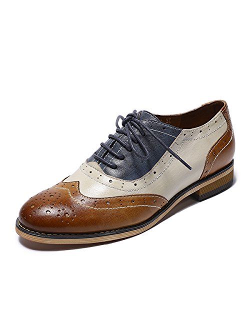 Mona flying Women's Leather Perforated Lace-up Oxfords Brogue Wingtip Derby Saddle Shoes for Girls ladis Women