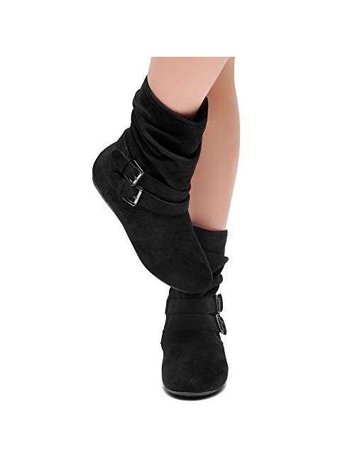 Herstyle Lindell Women's Fashion Flat Heel Calf Boots Side Zipper Slouch Ankle Booties