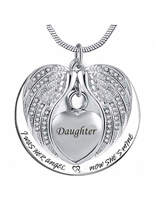 PREKIAR Angel Wing Urn Necklace for Ashes, Heart Cremation Memorial Keepsake Pendant Necklace Jewelry with Fill Kit and Gift Box