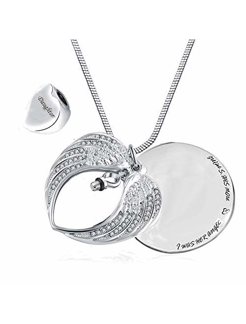 PREKIAR Angel Wing Urn Necklace for Ashes, Heart Cremation Memorial Keepsake Pendant Necklace Jewelry with Fill Kit and Gift Box