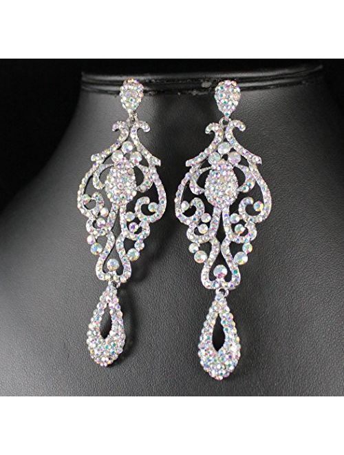 Large Pageant Clear White Teal Pink AB Blue Austrian Crystal Rhinestone Chandelier Dangle Drop Earrings Studs Prom Party Silver or Gold Plated Bridal E2090