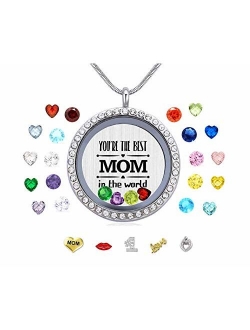 Veeshy Best Mom Mother Gift, Floating Living Memory Locket Necklace Pendant with Charms & Birthstones for Women