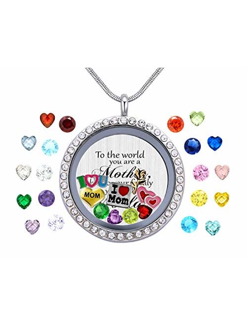 Veeshy Best Mom Mother Gift, Floating Living Memory Locket Necklace Pendant with Charms & Birthstones for Women