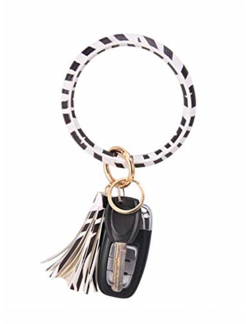 Coolcos Key Ring Bracelets Wristlet Keychain Bangle Keyring - Large Circle Leather Tassel Bracelet Holder For Women Gift