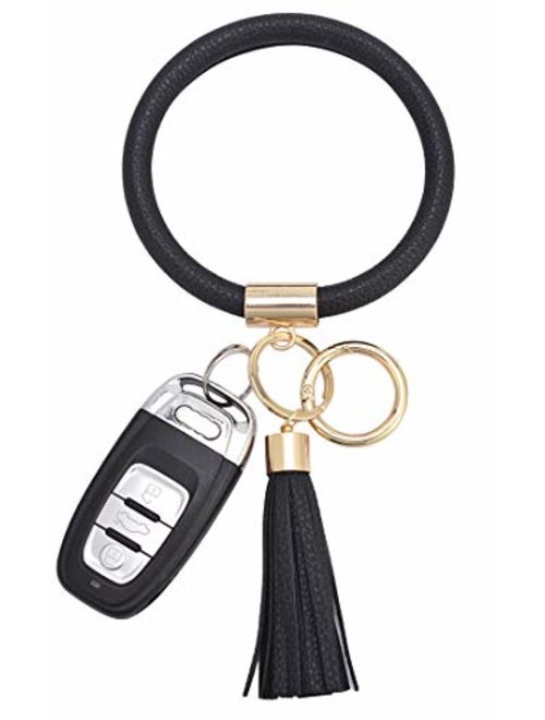 Coolcos Key Ring Bracelets Wristlet Keychain Bangle Keyring - Large Circle Leather Tassel Bracelet Holder For Women Gift