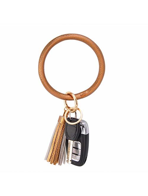 Coolcos Key Ring Bracelets Wristlet Keychain Bangle Keyring - Large Circle Leather Tassel Bracelet Holder For Women Gift