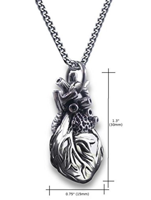 Pearlina Anatomical Heart Necklace Man or Woman 3D Pendant Oxidized Antique-Finish Stainless Steel, 24"