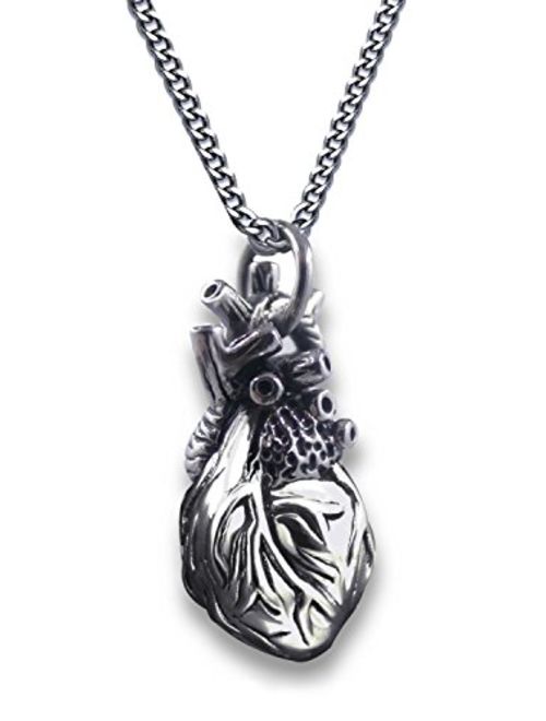 Pearlina Anatomical Heart Necklace Man or Woman 3D Pendant Oxidized Antique-Finish Stainless Steel, 24"