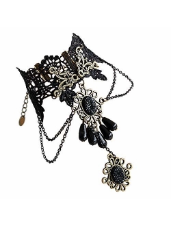 Eternity J. Elegant Vintage Princess Black Lace Gothic Statement Necklace Bracelet Victorian Lolita Choker Pendant Vampire Chain