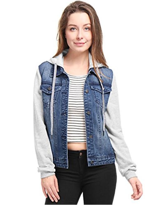 Allegra K Women's Layered Drawstring Hood Denim Jacket w Pockets