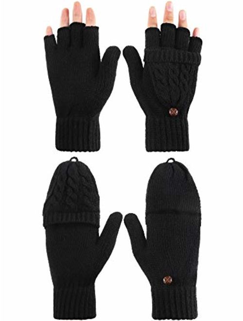 Tatuo 2 Pairs Women Fingerless Mittens Winter Convertible Gloves Knitted Half Finger Gloves with Cover