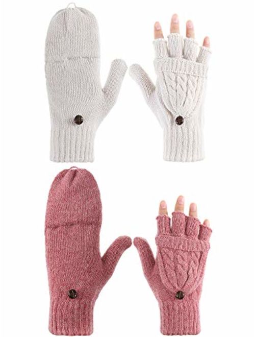 Tatuo 2 Pairs Women Fingerless Mittens Winter Convertible Gloves Knitted Half Finger Gloves with Cover