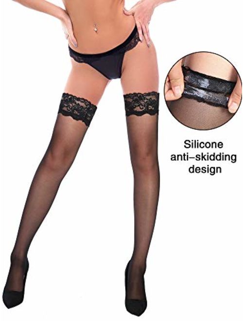 3 Pairs Women Thigh High Stockings Anti-skid Silicone Lace Stockings Silk Stocking Tights for Women and Girls Supplies (Color Set 1)