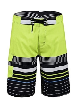 unitop Men's Beachwear Striped Printed Fast Dry Surf Trunks with Side Pocket