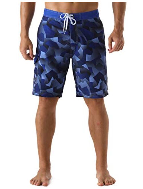 unitop Men's Beachwear Striped Printed Fast Dry Surf Trunks with Side Pocket