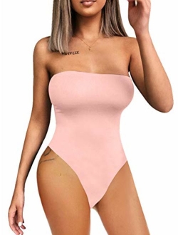 YMDUCH Women's Sexy Strapless Bodysuit One Piece Triangle Off Shoulder Leotard