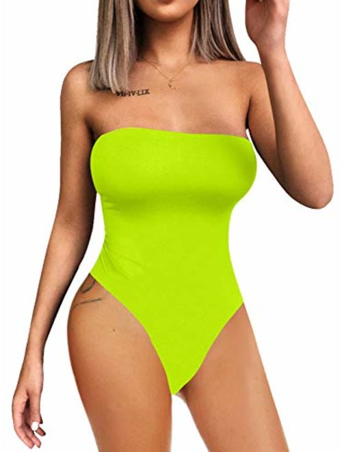 YMDUCH Women's Sexy Strapless Bodysuit One Piece Triangle Off Shoulder Leotard