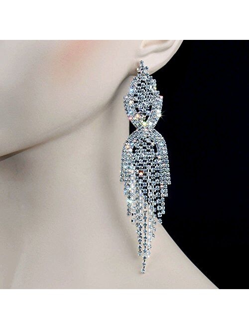 CHRAN Silver Teardrop Crystal Long Tassels Dangle Earrings Sparkling Rhinestone Ladies Gifts