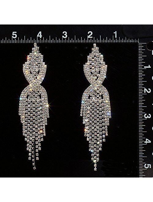 CHRAN Silver Teardrop Crystal Long Tassels Dangle Earrings Sparkling Rhinestone Ladies Gifts