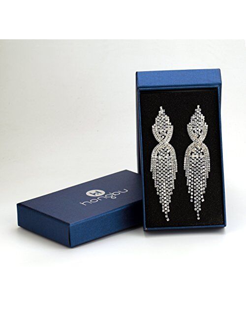 CHRAN Silver Teardrop Crystal Long Tassels Dangle Earrings Sparkling Rhinestone Ladies Gifts