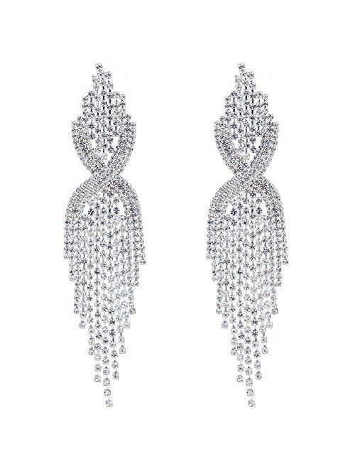 CHRAN Silver Teardrop Crystal Long Tassels Dangle Earrings Sparkling Rhinestone Ladies Gifts