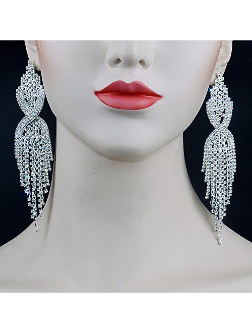 CHRAN Silver Teardrop Crystal Long Tassels Dangle Earrings Sparkling Rhinestone Ladies Gifts