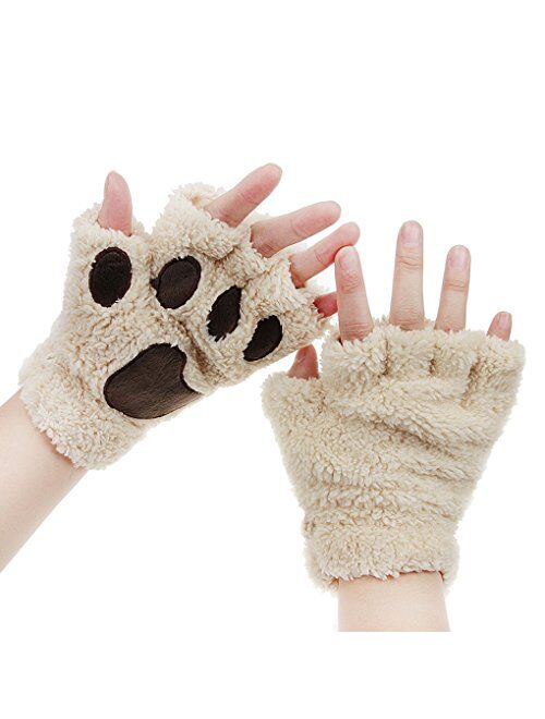 FakeFace Cute Cat Kitten Paw Fingerless Faux Fur Plush Gloves For Girls Women