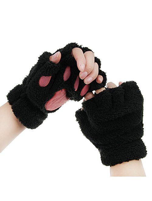 FakeFace Cute Cat Kitten Paw Fingerless Faux Fur Plush Gloves For Girls Women