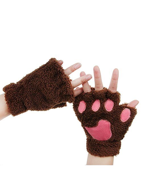 FakeFace Cute Cat Kitten Paw Fingerless Faux Fur Plush Gloves For Girls Women