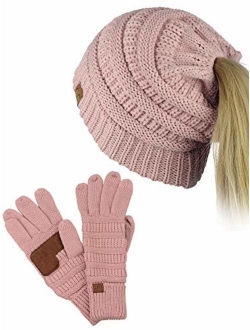 C.C BeanieTail Messy High Bun Cable Knit Beanie and Anti-Slip Touchscreen Gloves Set