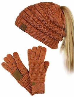 C.C BeanieTail Messy High Bun Cable Knit Beanie and Anti-Slip Touchscreen Gloves Set