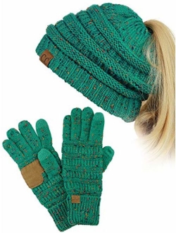 C.C BeanieTail Messy High Bun Cable Knit Beanie and Anti-Slip Touchscreen Gloves Set