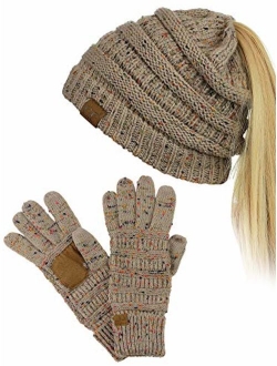 C.C BeanieTail Messy High Bun Cable Knit Beanie and Anti-Slip Touchscreen Gloves Set