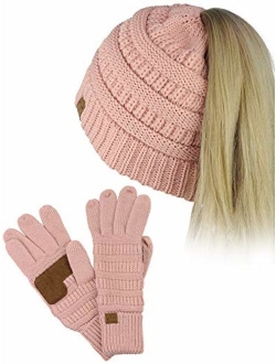 C.C BeanieTail Messy High Bun Cable Knit Beanie and Anti-Slip Touchscreen Gloves Set