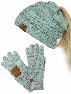 C.C BeanieTail Messy High Bun Cable Knit Beanie and Anti-Slip Touchscreen Gloves Set