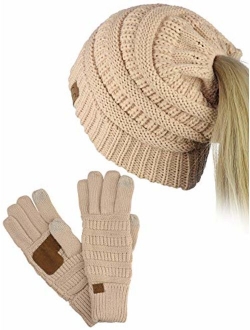 C.C BeanieTail Messy High Bun Cable Knit Beanie and Anti-Slip Touchscreen Gloves Set