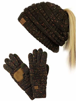 C.C BeanieTail Messy High Bun Cable Knit Beanie and Anti-Slip Touchscreen Gloves Set