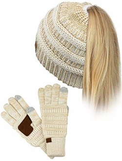 C.C BeanieTail Messy High Bun Cable Knit Beanie and Anti-Slip Touchscreen Gloves Set