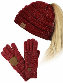 C.C BeanieTail Messy High Bun Cable Knit Beanie and Anti-Slip Touchscreen Gloves Set