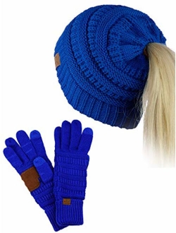 C.C BeanieTail Messy High Bun Cable Knit Beanie and Anti-Slip Touchscreen Gloves Set