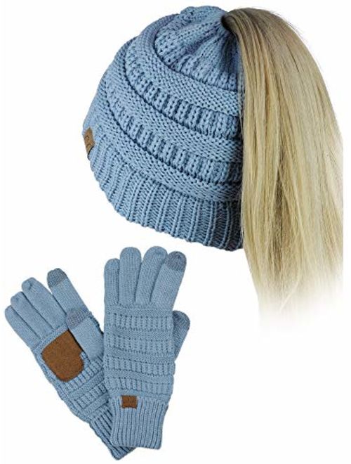 C.C BeanieTail Messy High Bun Cable Knit Beanie and Anti-Slip Touchscreen Gloves Set