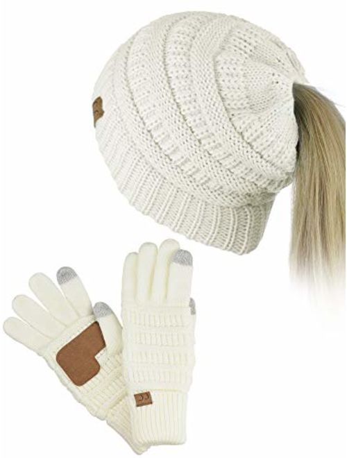 C.C BeanieTail Messy High Bun Cable Knit Beanie and Anti-Slip Touchscreen Gloves Set